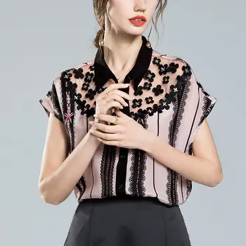 Vrhovi Ženske Bluze Kratek Rokav Lady Edinstveno Šivanje Polo-neck Majica 2021 Poletje Šifon Vrhu ženska Oblačila Elegantno Bluzo