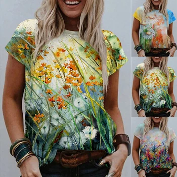 Ženske Svoboden Cvetje Natisnjeni T-shirt Kratek Rokav Vrhovi okoli Vratu Priložnostne Bluzo Poletje Moda Majice