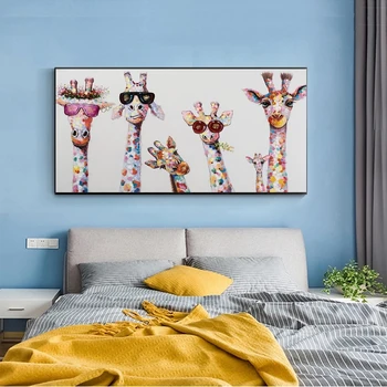 Barvita žirafa družine z očali, grafiti umetnost print na slikarsko platno otroci soba stenski sliki doma dekoracijo plakat