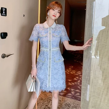 Moda Poletje Korejski Retro Kratek Rokav Mini Stranka Obleko Dame Odmor Za Kavo Elegantno Gumb Čipke, Vezenine Cvetlični Kratka Obleka