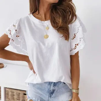 Poletje Ženske Iz Votlih Šivanje T-Shirt Priložnostne O-Vratu Ruffle Kratek Rokav Vrh Elegantno Belo Modra Vrhovi 2021 ženska Oblačila