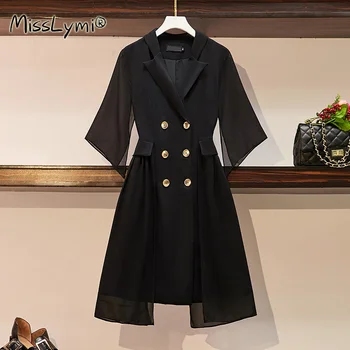 5XL Plus Velikost Ženske Elegantne Urad Obleke Poletje 2021 Moda Šifon Mozaik Dvojno zapenjanje Ženski Blazer Obleka Black