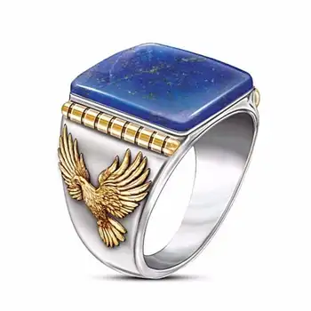 Boho Osebnost Orel Totem Obroč Kvadrat Naravnega Kamna Lapis Lazuli Hawk Živali Obroči za Ženske, Moške Stranke, Darila Nakit Rock