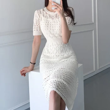 SHIJIA Koreja Chic Elegantno Obleko Ženska Vitek Pas Votlih O-vratu Marelice, Pletene Obleke Ženska 2021 Priložnostne Poletje Sredi Vestidos