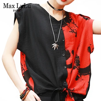 Max LuLu Korejski Nov Modni 2021 Poletje Ženske Mozaik Proti-Vrat Ohlapne Srajce Ženska Punk Gumbi Bluze Za Ženske Tiskanih Obleke