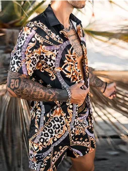 NOVO Veliko Hawaiian Slog Določa Modni Moški Ulične Leopard Tiskanja Kratek Rokav River Majica Plaža Hlače, Moške Obleke, 2 Kos