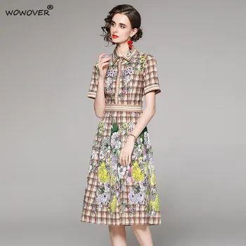 Evropa Moda Za Ženske Oblačila 2021 Vzletno-Pristajalne Steze Cvetličnim Vzorcem Natisnjeni Letnik Poletni Nabrano Obleko Srajco Ovratnik Priložnostne Počitnice Vestidos