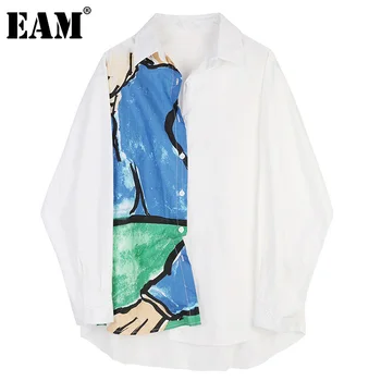 [EAM] Žensk Vzorec Natisnjene Kontrast Barve Bluzo New River Dolg Rokav Ohlapno Fit Majica Fashion Plima Pomlad Jesen 2021 1DD4367
