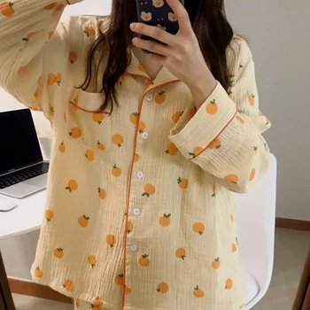 Bombaž Doma Obleke korejski Sleepwear Oranžna Tiskanja Pižamo za Ženske Poletje 2021 Pižame Dekleta Pijama s Kratkimi in Dolgimi Rokavi Pjs