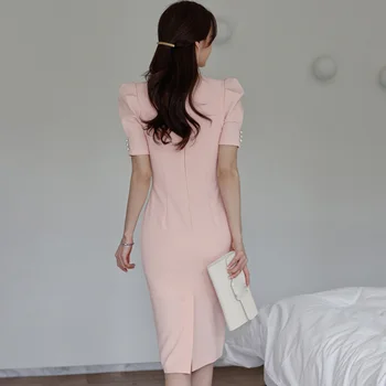 Roza Elegantna Urad Dama Obleko 2021 Poletje Korejski Slog Preprost Puff Rokave In Beaded Izrez Visoko Pasu Tesen Obleka Ženske
