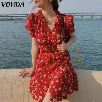 Seksi Puff Rokav Obleka Ženske Cvjetnim Tiskanja Stranka Mini Obleke 2021 VONDA Plaži Bohemian Sunderess Priložnostne Vestidos Robe