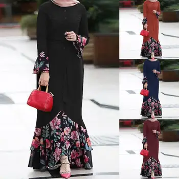 Cvjetnim Natisne Dolgo Sundress ZANZEA Muslimanskih Žensk Abaya Hidžab Obleko Pomlad Long Sleeve Vintage Mozaik Vestido Islamska Oblačila