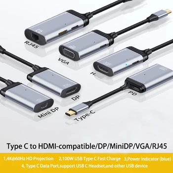 Mini DP Rj45 Adapter 4K 60HZ Tip-C, Video Pretvornik s PD 100W Za HDMI je Združljiv VGA DP za MacBook Air Pro Stikalo
